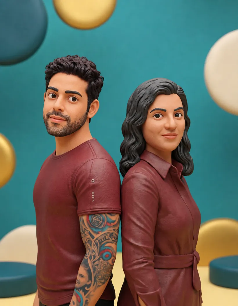 Illustrated portraits of BBMM co-founders Madhu CM and Risha Sheikh